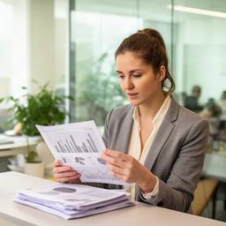 Aleksandra Romaniuk in een lichte newsroom met documenten over economie
