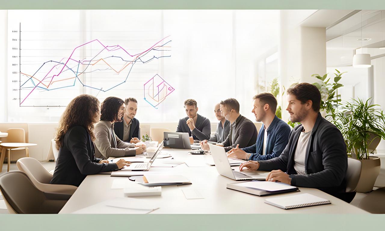 Redactieteam aan een lange tafel met koersgrafieken en financiële rapporten in een lichte werkruimte